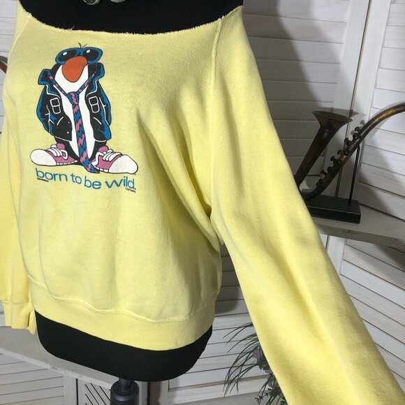 Vintage 90s Born to Be Wild Penguin Sweatshirt Yellow Medium - Picture 6 of 8